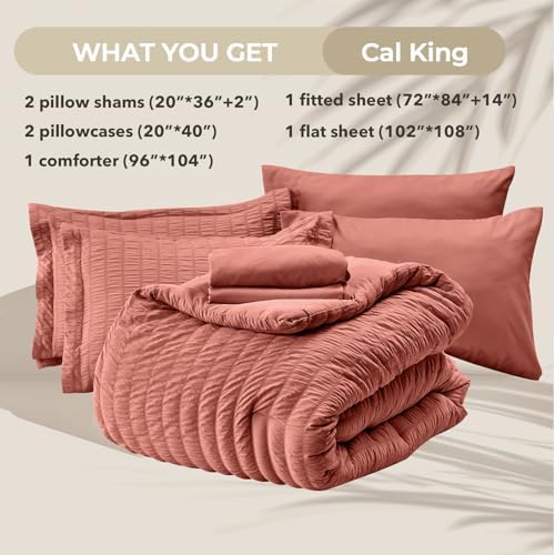HYMOKEGE Coral California King Comforter Set Seersucker 7 Pieces, All Season Luxury Bed in a Bag for Bedroom, Bedding Set with Comforter, Sheets, Pillowcases & Shams