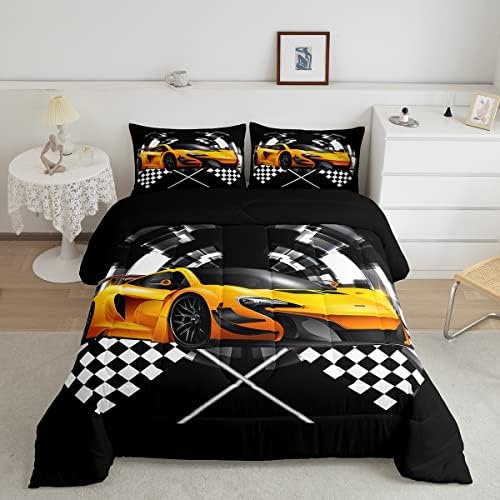 Yellow Race Car Comforter Set Queen Size, Black and White Grid Quilt Set Extreme Sport Games Bedding Comforters 3pcs for Kids Teens Boys Room Decor,Soft Modern Duvet Set with 2 Pillowcases