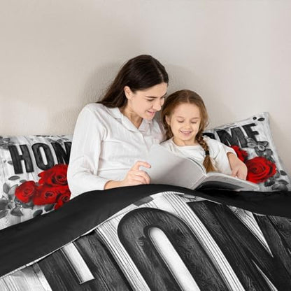 Castle Fairy Red Rose Bedding Set with 2 Pillowcases,Wooden Plank Rustic Farmhouse Comforter Set for Teens Adult Room,Valentine's Day Romantic Ultra Soft Bedding Set King Size,3 Pcs