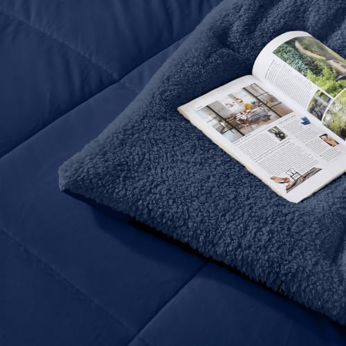 Fluffy Sherpa King Comforter Set, Thick Bedding Set 3 Pieces, Navy