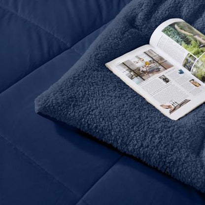Fluffy Sherpa King Comforter Set, Thick Bedding Set 3 Pieces, Navy