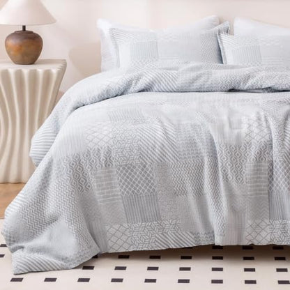 SLEEP ZONE Comforters Full Set, Modern Plaid Bedding Set Blue 3 Pcs