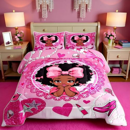 Manfei Black Princess Girly Comforter Set Full Size,High-Heeled Shoes Lip Bowknot Diamond Bedding Set,Girls Women Room Decor,African American Girls Down Comforter,Pink Cute Duvet Insert,2 Pillowcases