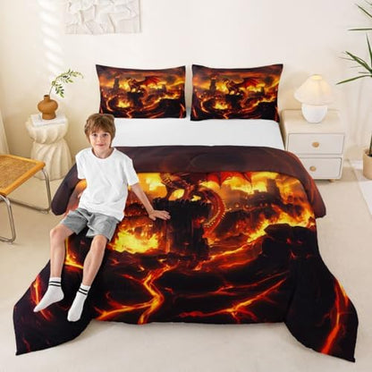 Feelyou Dragon Kids Comforter Set Queen Size Flame Dragon Bedding Set Fantasy Animal Duvet Quilt for Kids Boys Girls Bedroom Magical Beast Decor Wild Animal Microfiber Ultra Soft Breathable