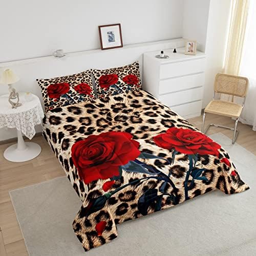 Rose Flower Comforter Set for Teens Adult Women Wedding Gift, Leopard Print Bedding Set Queen Size, Valentine's Day Cheetah Duvet Sets Leopard Animal Skin Down Comforter for Bedroom Decor, Brown