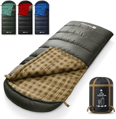 Cotton Flannel XXL Winter Sleeping Bags for Adults Big and Tall,Cold Weather 90x39 Inch Camping Sleep Bag,Waterproof Machine Washable 4 Season Outdoor Camping Gear,2-Way Zipper