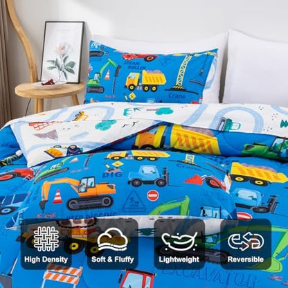 Holawakaka Construction Truck Excavator Boy Queen Comforter Set with Sheets