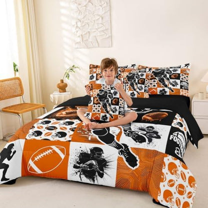 Erosebridal Sports Geometric Comforter Sets with Sheets - Football Bedding Set Twin for Boys Girls Rugby 7Pcs Bed in a Bag, Cool Sports Game Bed Set
