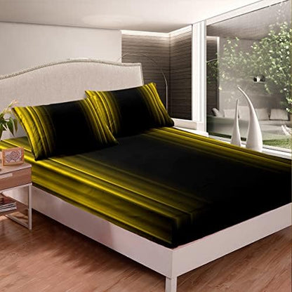 Feelyou Geometric Abstract Ombre Sheet Set Men Adults Teens Yellow and Black Striped Bed Sheets Kids Boys Girls Simple Modern Bed Set Bedroom Collection 4Pcs Queen Size