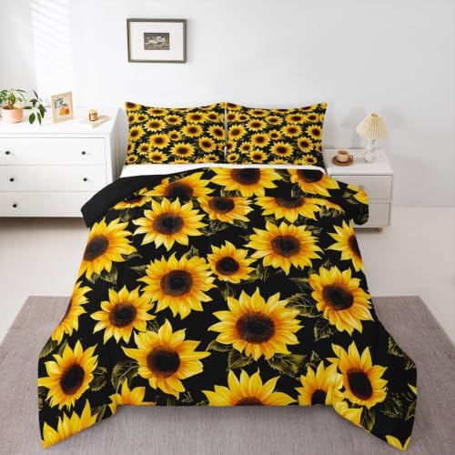 Black Sunflowers Comforter Set Yellow 3D Floral Flowers Comforter Yellow Sunflower Printed Black Reversible Down Comforter Boys Girls Botanical Bedding Sets with 2 Pillowcases (Full,Sunflower)