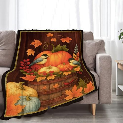 Fall Pumpkin Blanket Super Soft Warm Fluffy Farm Fleece Flannel Farmhouse Autumn Throw Blanket Cozy Fuzzy Plush Thanksgiving Stuff Bedding Blankets Gifts for Women Kids Boys Girls Adults 80"X60"