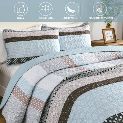 WONGS BEDDING Boho Quilt King Size, Patchwork Bedding Set, Blue Brown