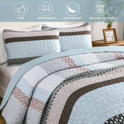 WONGS BEDDING Boho Quilt King Size, Patchwork Bedding Set, Blue Brown
