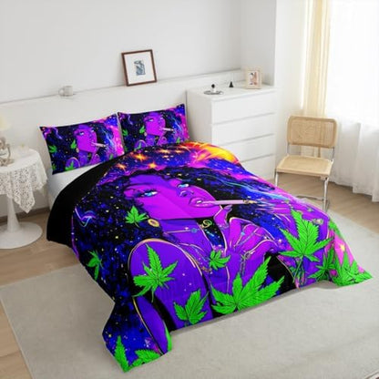 Smoke Cool Girls Comforter Set Queen Size for Teens Adult,Marijuana Leaf Bedding Sets 3Pcs Boys Woman Room Decor,African Girl Americans Down Comforter Trippy Hippie Style Quilted Duvet,2 Pillowcases