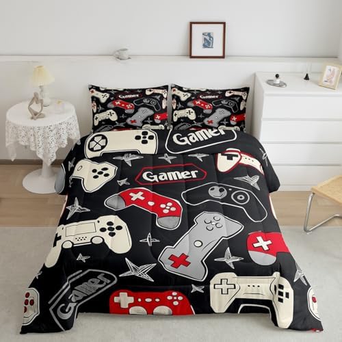 Kids Gamer Comforter Set King Size,Gaming Duvet Insert for Boys Teens Adults Room Decor,Video Games Controller Colorful Buttons Bedding Set 3Pcs,Hand Drawn Stars Gamepad Quilt Set,2 Pillowcases