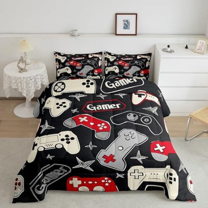 Kids Gamer Comforter Set King Size,Gaming Duvet Insert for Boys Teens Adults Room Decor,Video Games Controller Colorful Buttons Bedding Set 3Pcs,Hand Drawn Stars Gamepad Quilt Set,2 Pillowcases