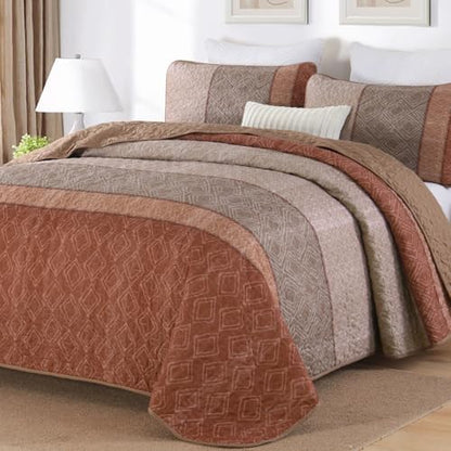 Cottolester Boho Quilt Set Queen,3 Pcs Red Orange Striped Plaid Bedspread
