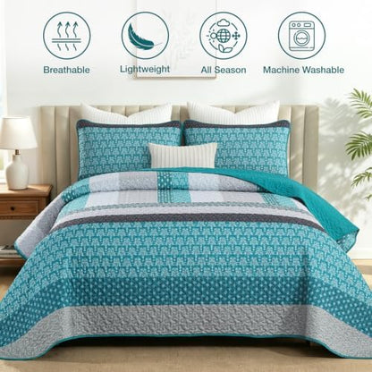 WONGS BEDDING Teal Blue King Size Quilt Set, Boho Striped Bedspread