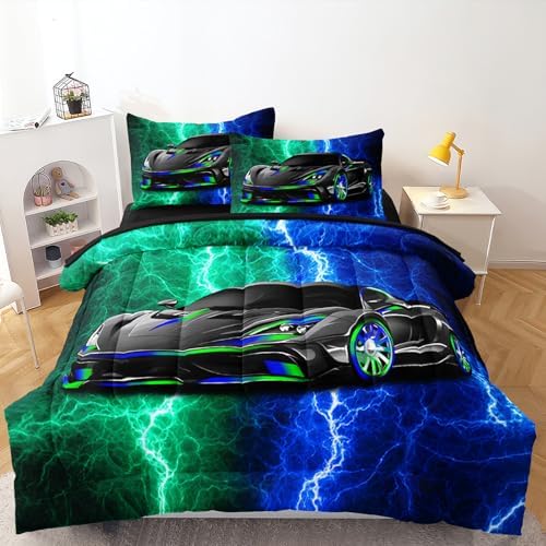5 Pcs Car Comforter Sets for Boys, Cool Blue Green Lightnings Bed in A Bag Full Size Car Bedding Set for Boys Kids