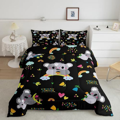 Erosebridal Koala Comforter Set, Kids Rainbow Bedding Set Queen Size Flower Love Heart Duvet Sets for Girls Boys Children Cute Animal Cartoon Down Comforter 3 Pieces with 2 Pillow Cases, Black