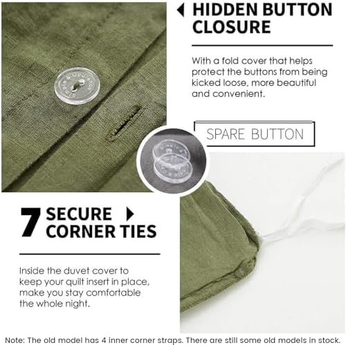 Simple&Opulence 100% Linen Duvet Cover Set 3pcs Basic Style Natural French Washed Flax Solid Color Soft Breathable Farmhouse Bedding with Button Closure - Olive Green, Queen