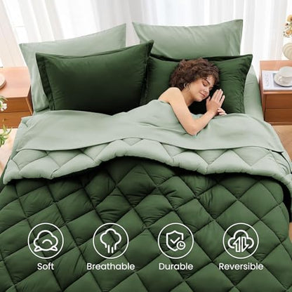 MUXHOMO 7 Pieces Queen Comforter Set, Reversible Bed in a Bag Queen Size, All Season Bedding Set with Comforter, Flat Sheet, Fitted Sheet, Pillowcases & Shams, Dark Green & Light Green