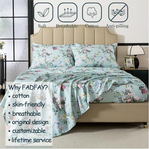 FADFAY Twin XL Size Sheet Set 4-Piece, 100% Cotton Mint Green Floral Bedding for College Dorm, Soft & Breathable Vintage Botanical Style, Deep Pocket Fitted Sheet, All-Season Cozy Bed Sheet Set