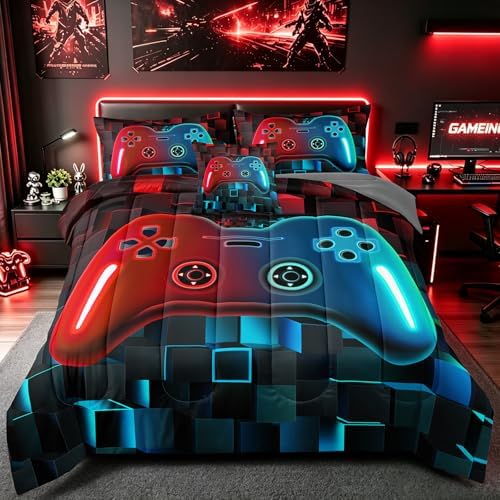 5 Pieces Kids Twin Size Gaming Bedding Set, Red Blue 3D Gradient Game Controller Comforter Set for Boys Girls Teens, Gamer Bed in a Bag Room Decor All Season Twin53