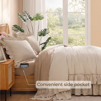 AMBERSPACE Full Size Comforter Set Gingham Ruffle Tan 7 Pieces Bed in a Bag