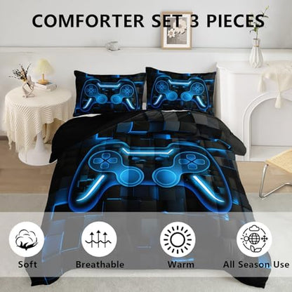 Axolotl Gamepad Comforter Set King Size,Boys Gaming Console Comforter,3D Blue Grid Print Bedding Set,Modern Gaming Controller Geometry Bedding for Adult Teens Men,1 Quilt 2 Pillowcases,Blue Black