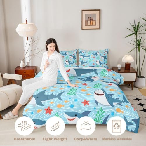 Cute Shark Comforter Set King Size,Fish Coral Bedding Set 3pcs for Kids Teens Boys Girls Room Decor,Mysterious Under Sea Animals Plants Themed Quilt Set Cartoon Blue Duvet Insert with 2 Pillowcases
