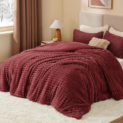 BEDELITE Fleece California King Comforter Set, Fluffy Bed Set, Burgundy