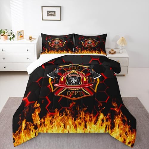 Fire Fighting Kids Comforter Set Twin Size,Fire Fighting Truck Tool Flame Bedding Set,Boys Girls Adults Room Decor,Geometric Honeycomb Hexagon Down Comforter,Red Black Duvet Insert,1 Pillowcase