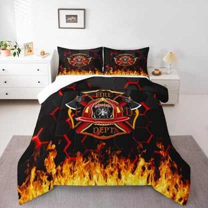 Fire Fighting Kids Comforter Set Twin Size,Fire Fighting Truck Tool Flame Bedding Set,Boys Girls Adults Room Decor,Geometric Honeycomb Hexagon Down Comforter,Red Black Duvet Insert,1 Pillowcase