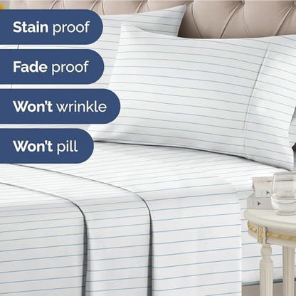 King 4 Piece Striped Sheet Set - Breathable & Cooling - Sky Blue Stripe
