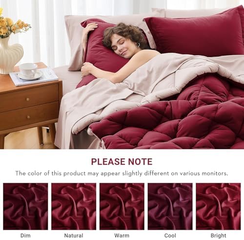 MUXHOMO 7 Pieces Full Comforter Set, Reversible Bed in a Bag Full Size, All Season Bedding Set with Comforter, Flat Sheet, Fitted Sheet, Pillowcases & Shams, Burgundy & Rose Gold