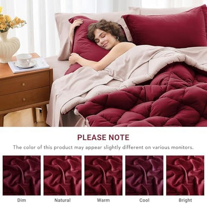 MUXHOMO 7 Pieces California King Comforter Set, Reversible Bed in a Bag Cal King Size, All Season Bedding Set with Comforter, Flat Sheet, Fitted Sheet, Pillowcases & Shams, Burgundy & Rose Gold