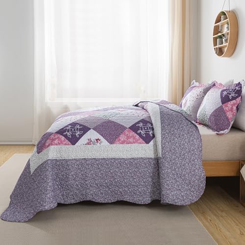HoneiLife Quilt Sets King Size - 3 Pieces Microfiber Quilt Set Lightweight Bedspreads Reversible Coverlets Retro Bed Cover King Quilt Bedding Set All Season Quilts-Purple