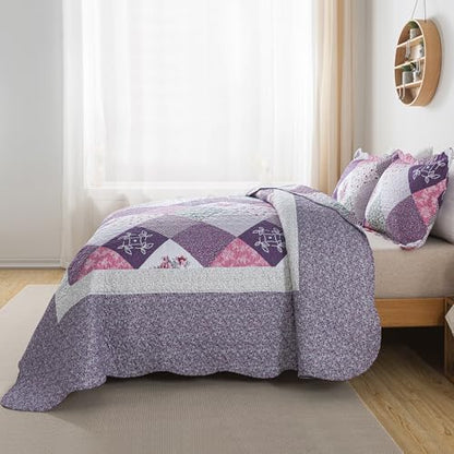 HoneiLife Quilt Sets King Size - 3 Pieces Microfiber Quilt Set Lightweight Bedspreads Reversible Coverlets Retro Bed Cover King Quilt Bedding Set All Season Quilts-Purple