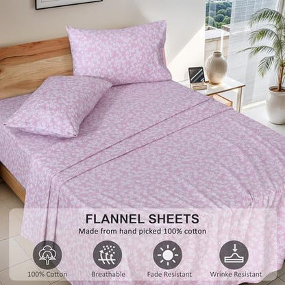 RUVANTI Flannel Sheets Queen Size, Pink Flora