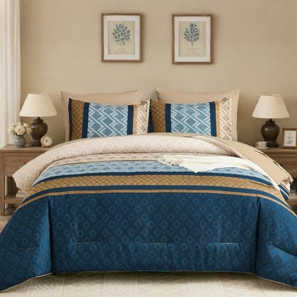 Queen Comforter Set 7 Pieces,Blue and Brown Boho Striped Bed in a Bag