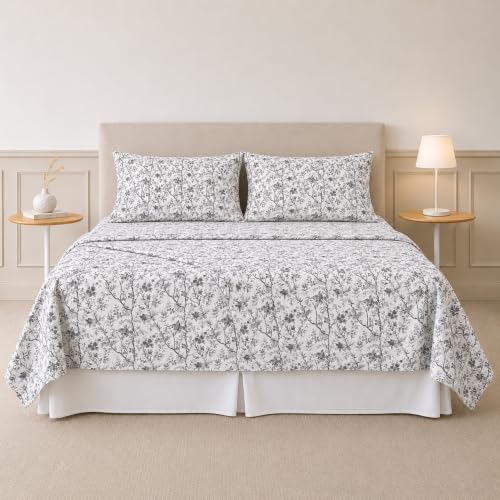 Modern Threads Silky Soft Microfiber and Wrinkle Free Sheets - Luxurious Microfiber Bed Sheets Includes Flat Sheet, Fitted Sheet with Deep Pockets, & Pillowcases Grey Garden Toile, Full