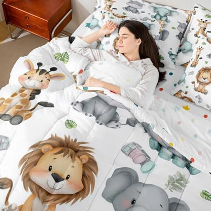 Erosebridal Cartoon Animals 7 Piece Comforter Set King for Nursery Child Bedroom | Cute Lion Elephant Hippo Bedding Set Tropical Bed Set Palm Tree Leaves Bed Sheets Kawaii Zoo Wildlife Quilt