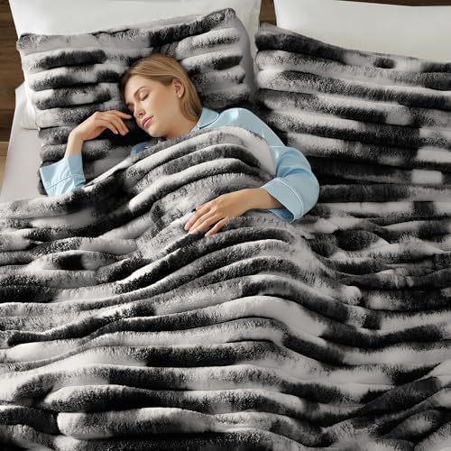 Wonderful Fluffy Faux Rabbit Fur Comforter Set Queen Size, Striped Stitching Tie-Dye Black Plush Fuzzy Bedding Set 3 Pieces, Warm Soft Comforter Bedding Set for Winter, 90"x90"