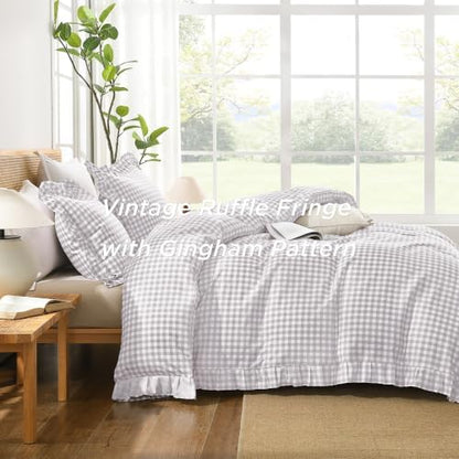 Andency Light Grey Gingham Duvet Cover Full, Ruffle Chic Bedding Set 3 Pcs