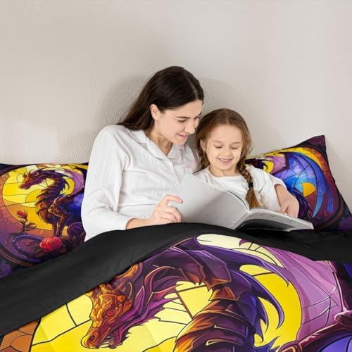 Feelyou Dragon Bedding Set Soft for Boys Girls, Dragon Stuff Comforter Set King Size Wild Life Duvet Quilt Microfiber Jungle Dino Bedroom Decor Black Yelllow 3 Pcs with 2 Pillow Cases
