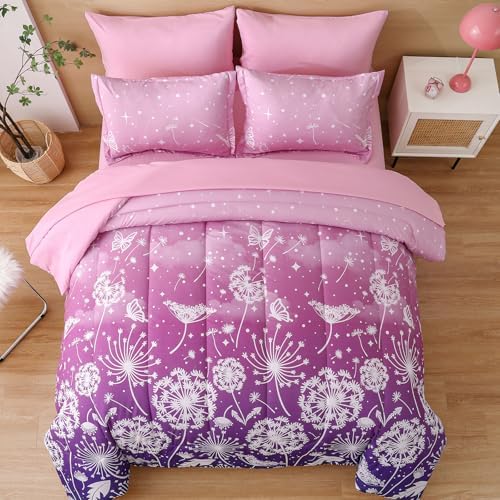 Dinjoy Girls Comforter Set 5 Pieces, Twin Size Colorful Ombre Rainbow Bedding Set, Bed in A Bag for Kid Teen Girls (1 Comforter, 1 Flat Sheet, 1 Fitted Sheet, 1 Pillow Shams, 1 Pillowcases)
