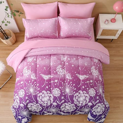 Dinjoy Girls Comforter Set 5 Pieces, Twin Size Colorful Ombre Rainbow Bedding Set, Bed in A Bag for Kid Teen Girls (1 Comforter, 1 Flat Sheet, 1 Fitted Sheet, 1 Pillow Shams, 1 Pillowcases)