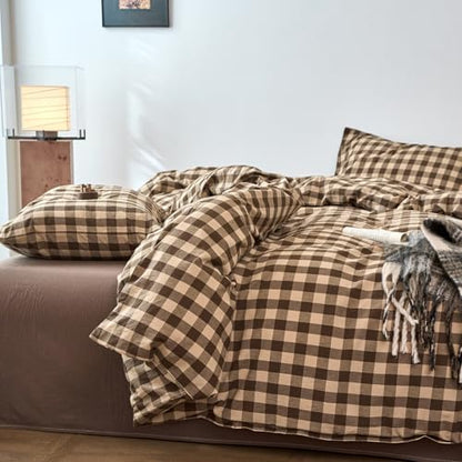 LifeTB Vintage Gingham Duvet Cover Twin Size, 100% Washed Cotton Brown Beige Plaid Checkered Comforter Cover with 2 Pillowcases, Breathable Grid Farmhouse Gingham Bedding Set for All Seasons