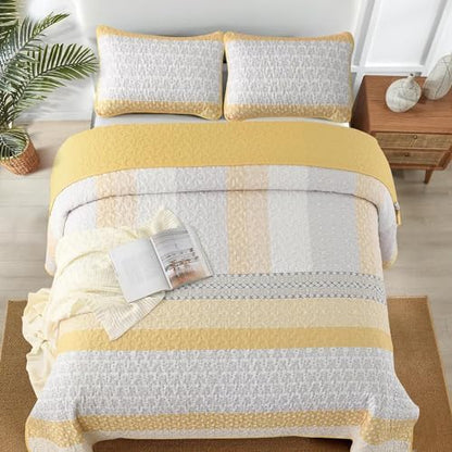 WONGS BEDDING Boho Full Size Quilt Size, Yellow Stripe Bedding Set